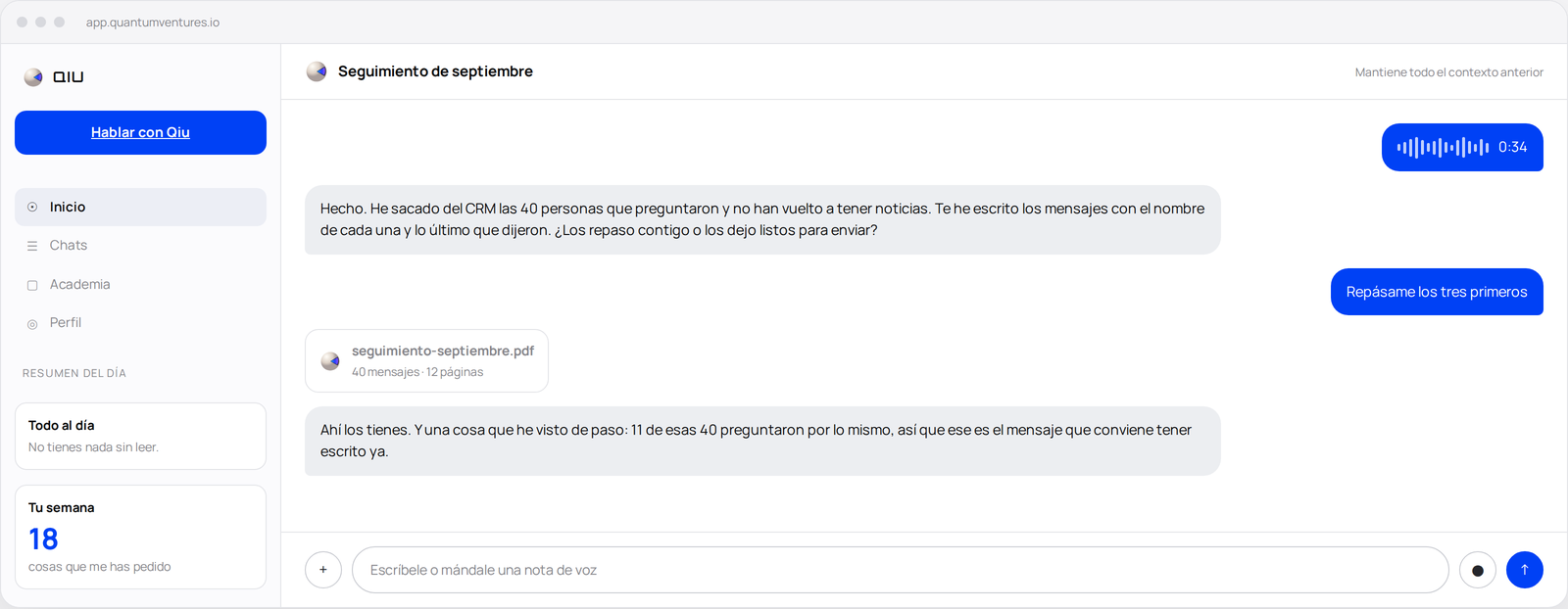 Conversación real con Qiu: recibe una nota de voz y responde con el seguimiento del mes ya escrito